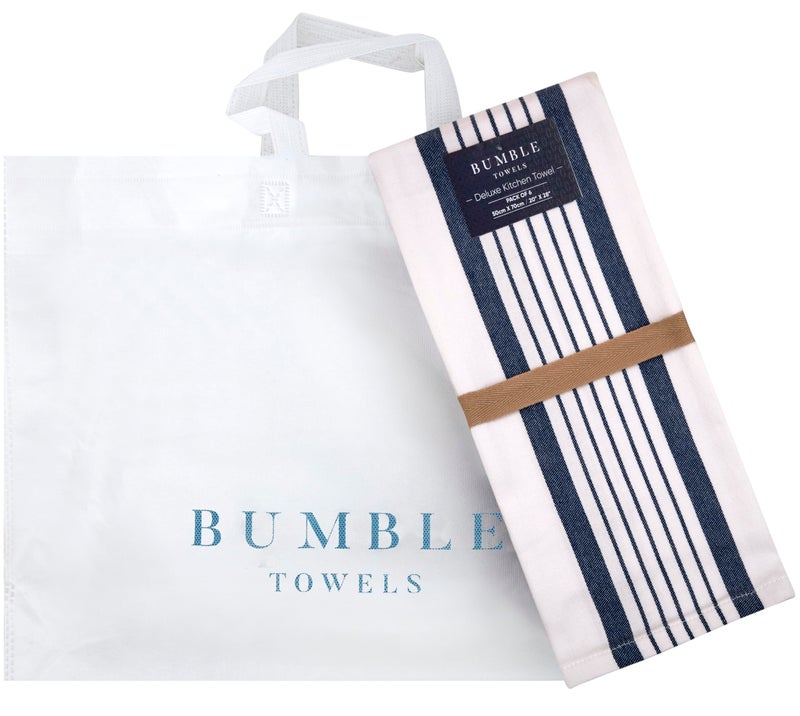 Bumble Towels Premium Kitchen Towels (20â€x 28â€, 6 Pack) | Large Cotton Dish Towels | Flat & Terry Highly Absorbent Kitchen Linen Set with Hanging Loop | Navy Blue Striped - Image 5